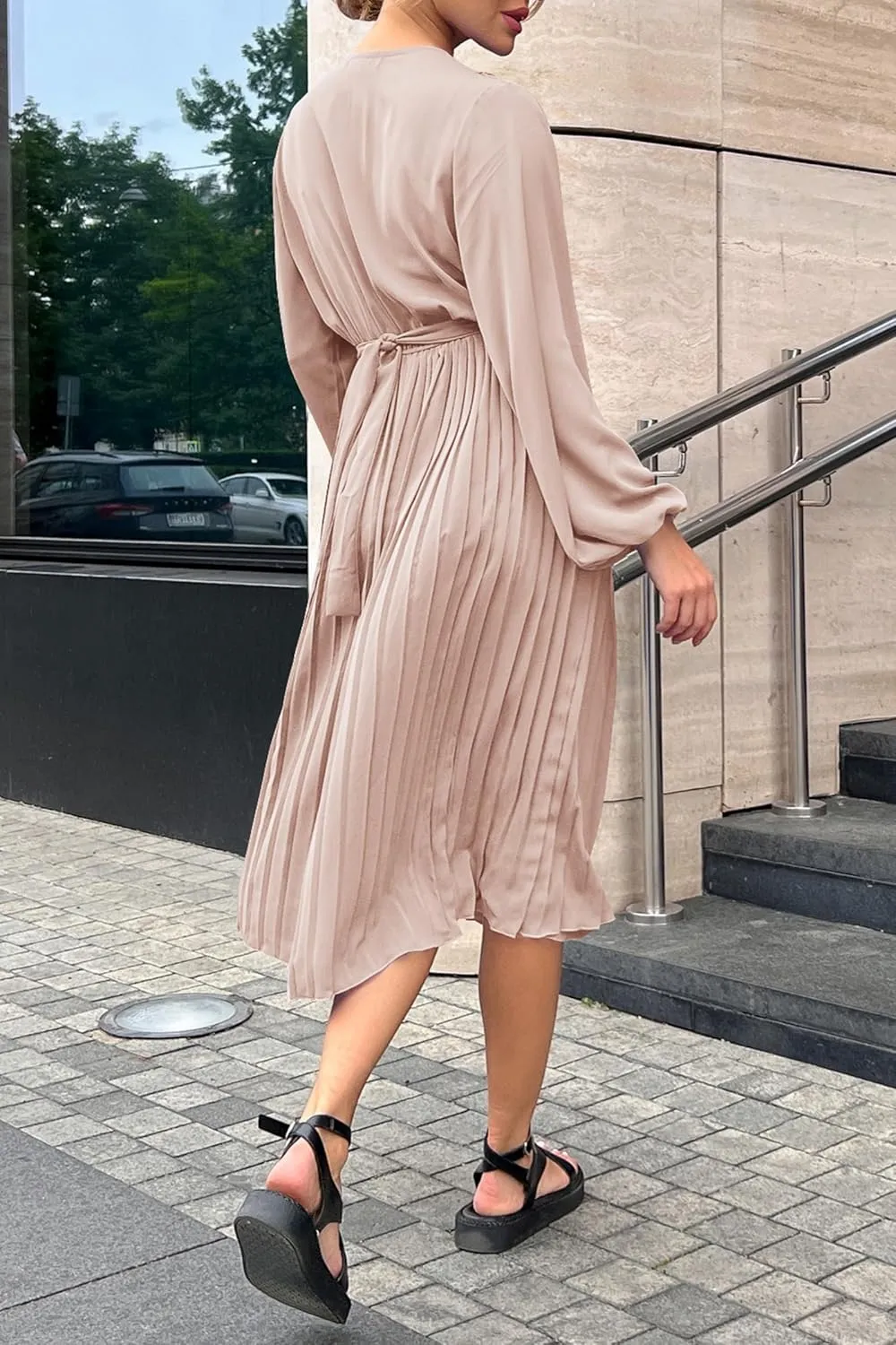 PRETTYGARDEN Women's Spring Midi Dress Long Puff Sleeve Wrap V Neck Flowy Ruffle Pleated Casual Fall Dresses