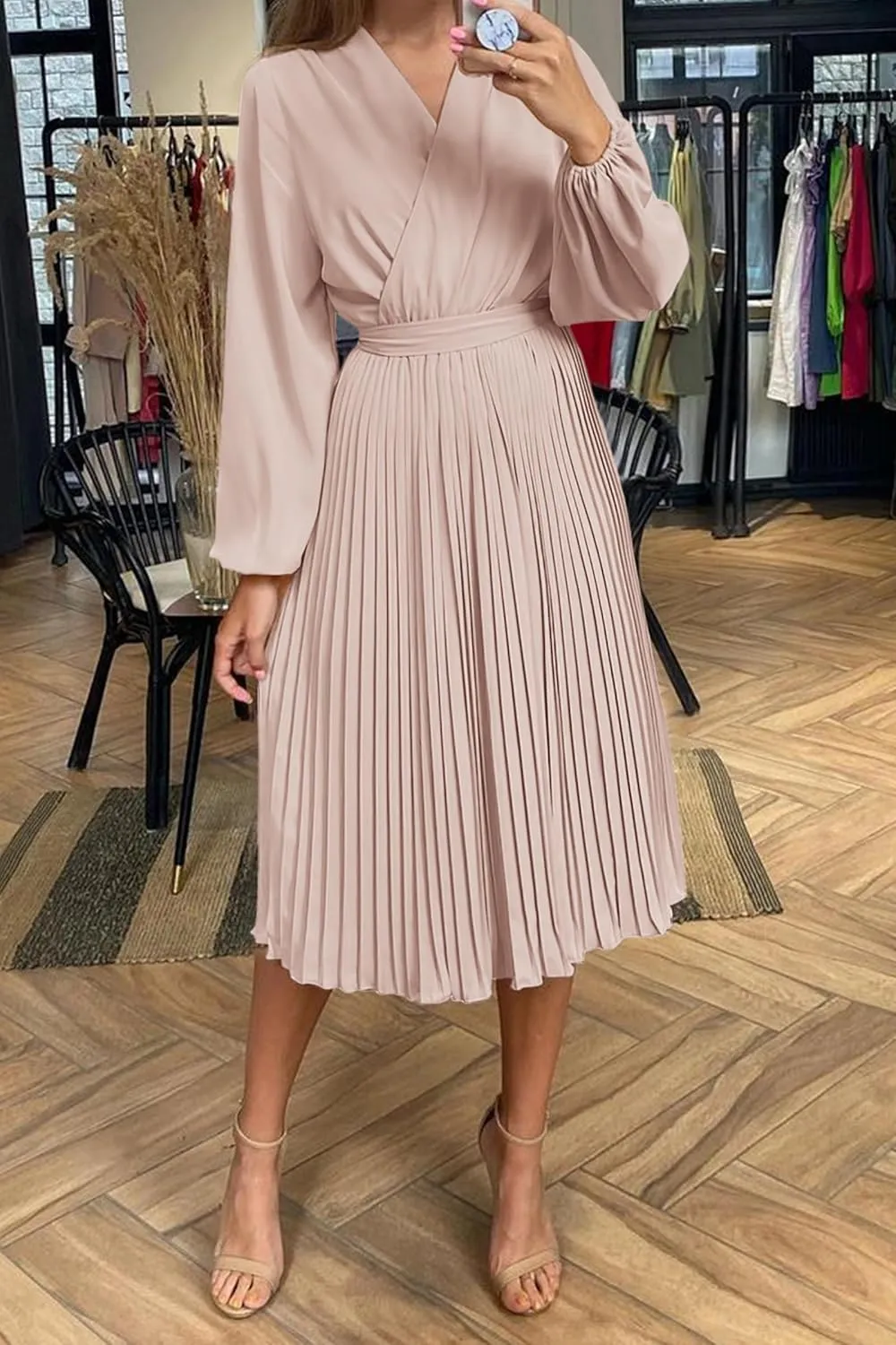PRETTYGARDEN Women's Spring Midi Dress Long Puff Sleeve Wrap V Neck Flowy Ruffle Pleated Casual Fall Dresses