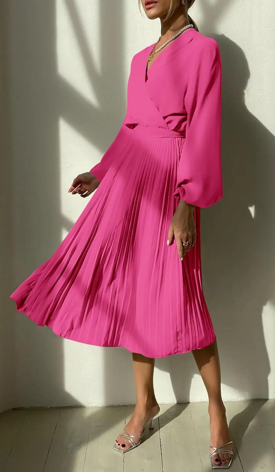 PRETTYGARDEN Women's Spring Midi Dress Long Puff Sleeve Wrap V Neck Flowy Ruffle Pleated Casual Fall Dresses