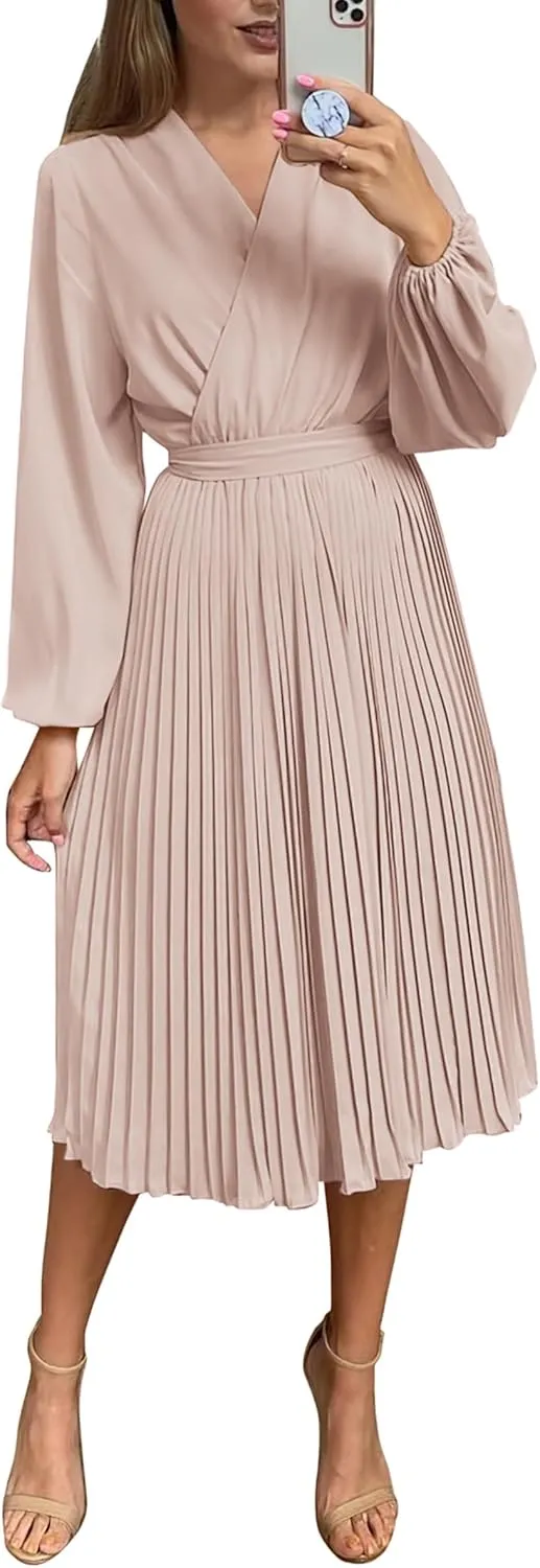 PRETTYGARDEN Women's Spring Midi Dress Long Puff Sleeve Wrap V Neck Flowy Ruffle Pleated Casual Fall Dresses