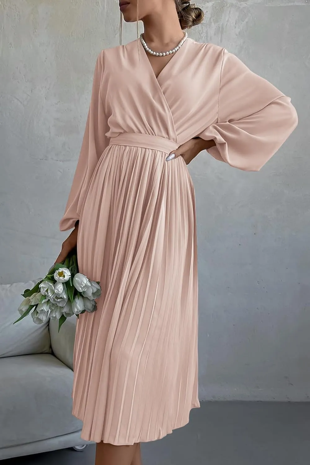 PRETTYGARDEN Women's Spring Midi Dress Long Puff Sleeve Wrap V Neck Flowy Ruffle Pleated Casual Fall Dresses