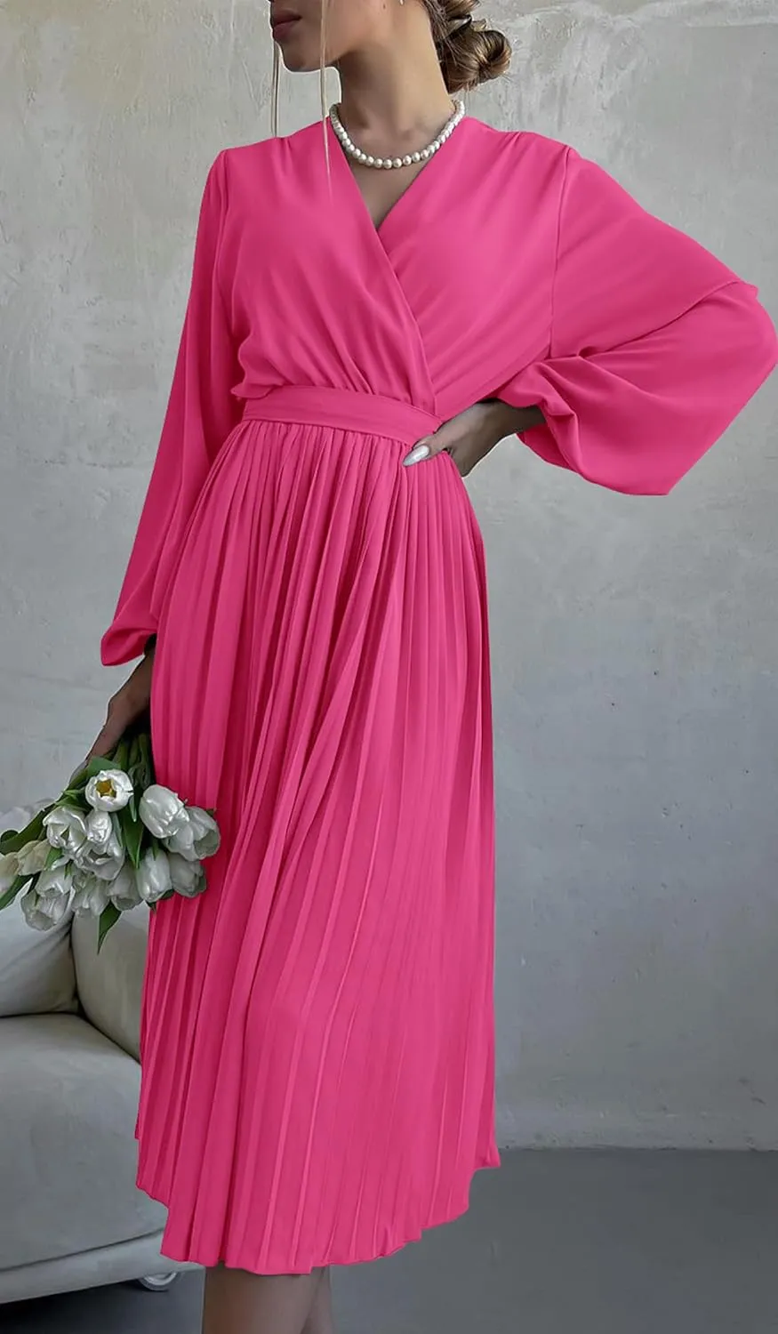 PRETTYGARDEN Women's Spring Midi Dress Long Puff Sleeve Wrap V Neck Flowy Ruffle Pleated Casual Fall Dresses