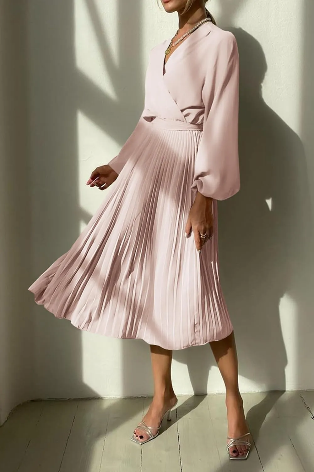PRETTYGARDEN Women's Spring Midi Dress Long Puff Sleeve Wrap V Neck Flowy Ruffle Pleated Casual Fall Dresses