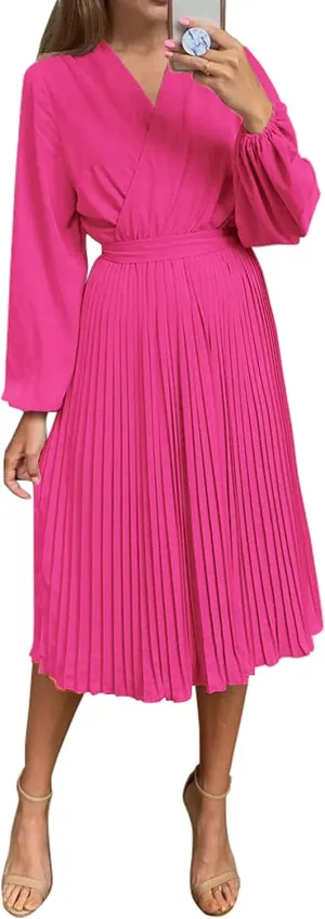PRETTYGARDEN Women's Spring Midi Dress Long Puff Sleeve Wrap V Neck Flowy Ruffle Pleated Casual Fall Dresses