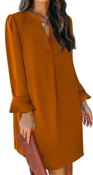 QACOHU Dresses for Women 2025 V Neck Spring Summer Ruffle Long Sleeve Simple Casual Loose Flowy Autumn Winter Shift Dress