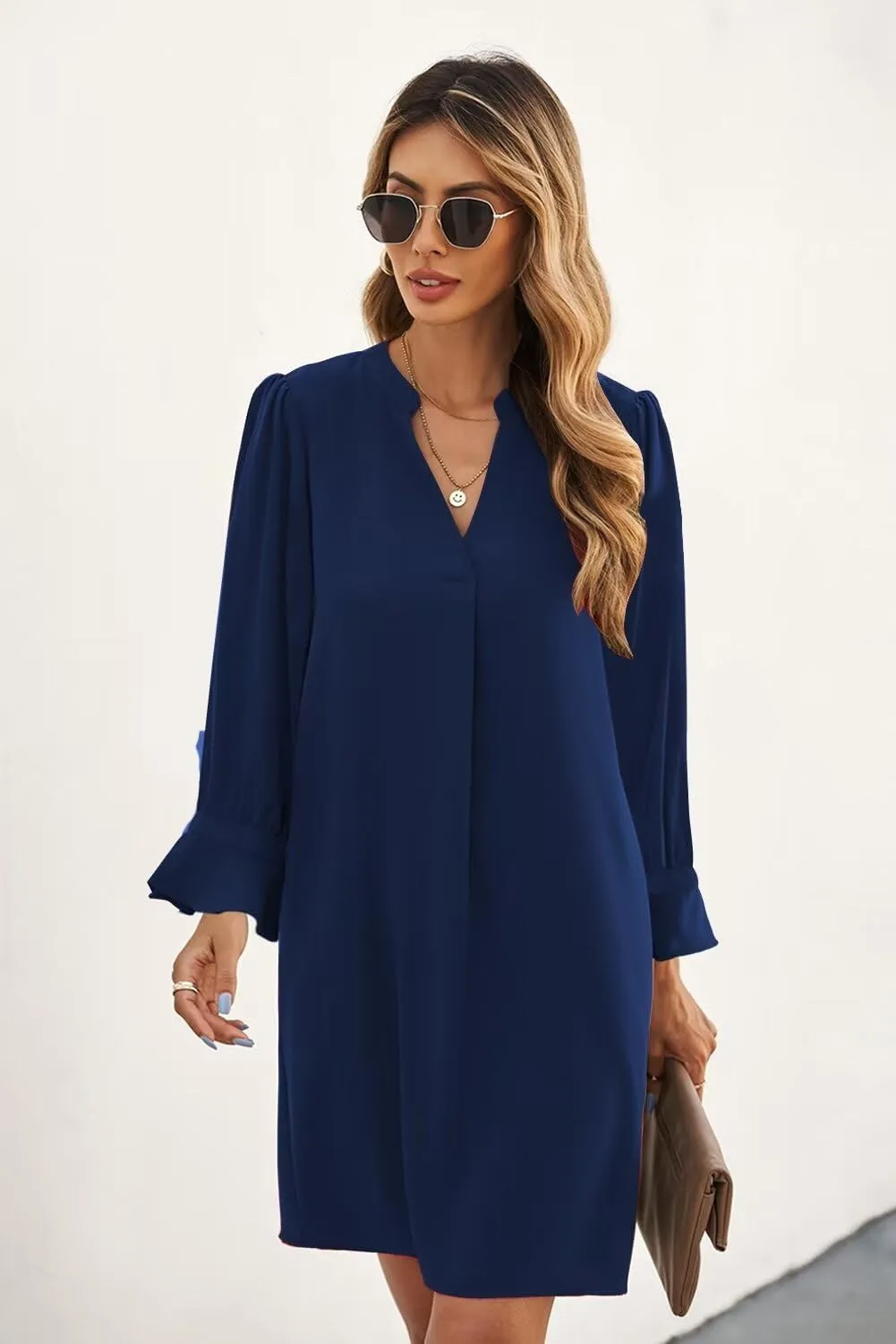 QACOHU Dresses for Women 2025 V Neck Spring Summer Ruffle Long Sleeve Simple Casual Loose Flowy Autumn Winter Shift Dress