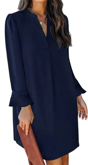 QACOHU Dresses for Women 2025 V Neck Spring Summer Ruffle Long Sleeve Simple Casual Loose Flowy Autumn Winter Shift Dress