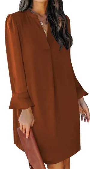 QACOHU Dresses for Women 2025 V Neck Spring Summer Ruffle Long Sleeve Simple Casual Loose Flowy Autumn Winter Shift Dress
