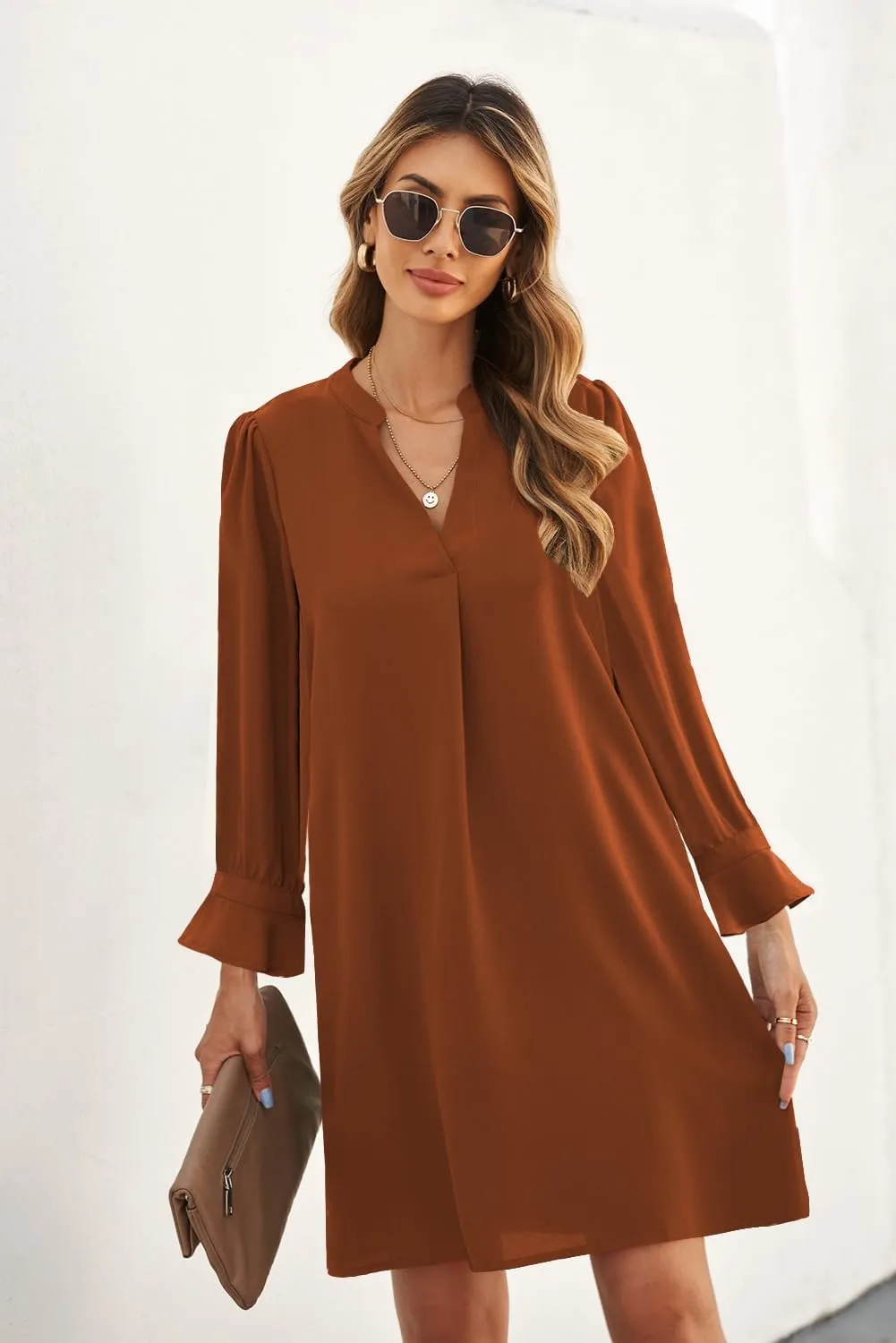 QACOHU Dresses for Women 2025 V Neck Spring Summer Ruffle Long Sleeve Simple Casual Loose Flowy Autumn Winter Shift Dress