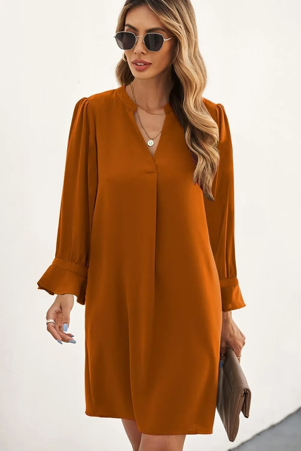 QACOHU Dresses for Women 2025 V Neck Spring Summer Ruffle Long Sleeve Simple Casual Loose Flowy Autumn Winter Shift Dress