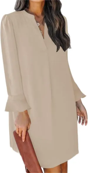 QACOHU Dresses for Women 2025 V Neck Spring Summer Ruffle Long Sleeve Simple Casual Loose Flowy Autumn Winter Shift Dress