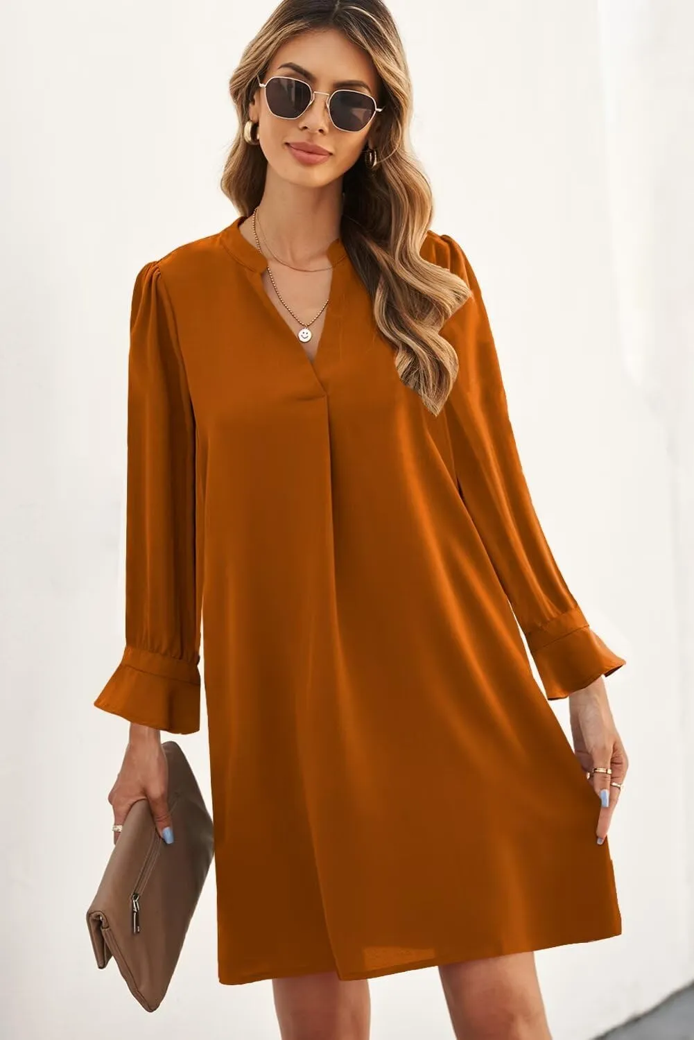 QACOHU Dresses for Women 2025 V Neck Spring Summer Ruffle Long Sleeve Simple Casual Loose Flowy Autumn Winter Shift Dress