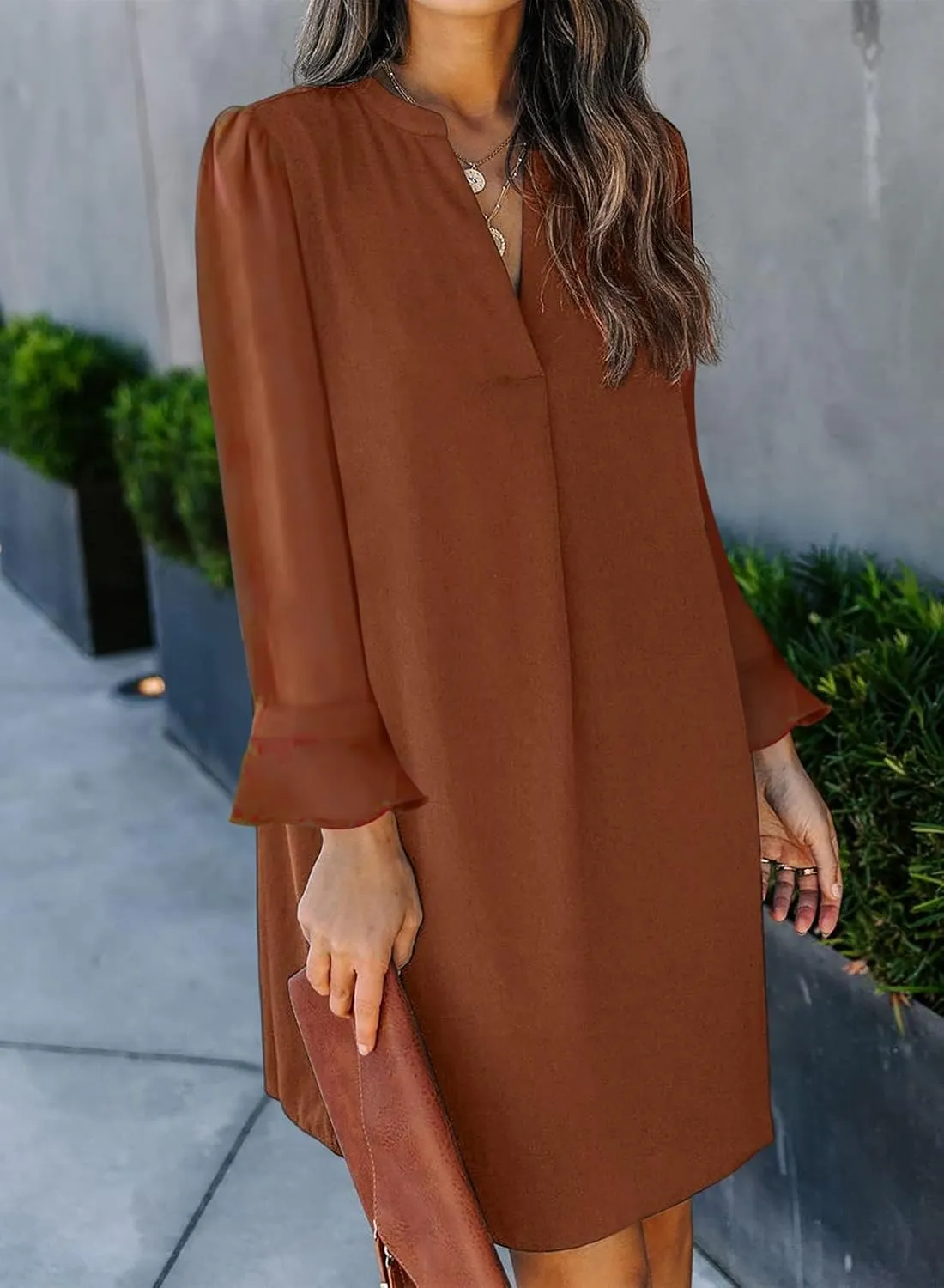 QACOHU Dresses for Women 2025 V Neck Spring Summer Ruffle Long Sleeve Simple Casual Loose Flowy Autumn Winter Shift Dress