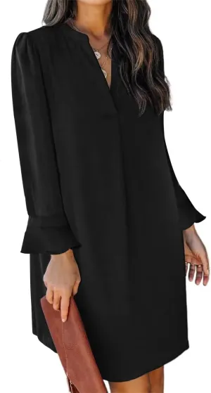 QACOHU Dresses for Women 2025 V Neck Spring Summer Ruffle Long Sleeve Simple Casual Loose Flowy Autumn Winter Shift Dress