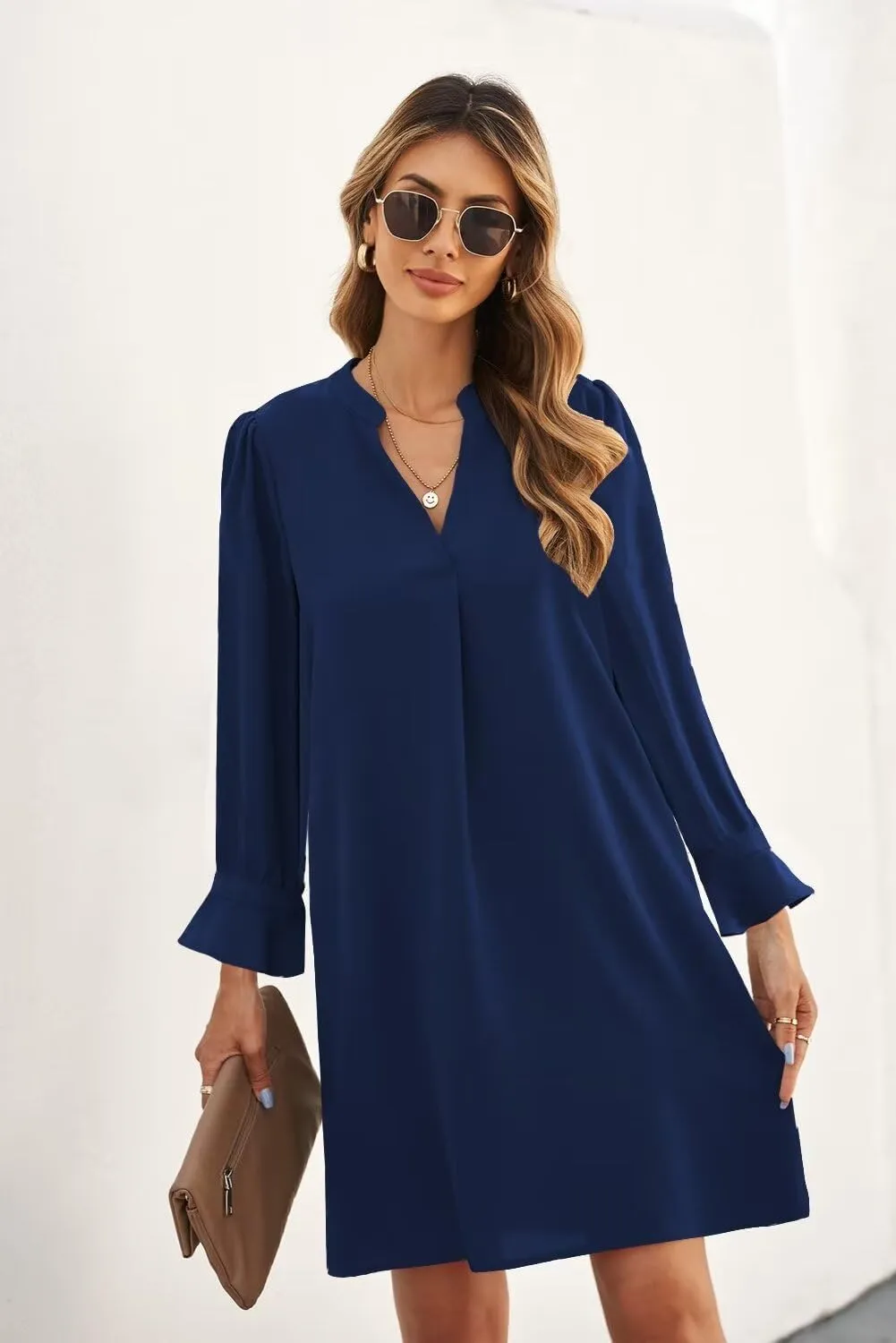 QACOHU Dresses for Women 2025 V Neck Spring Summer Ruffle Long Sleeve Simple Casual Loose Flowy Autumn Winter Shift Dress
