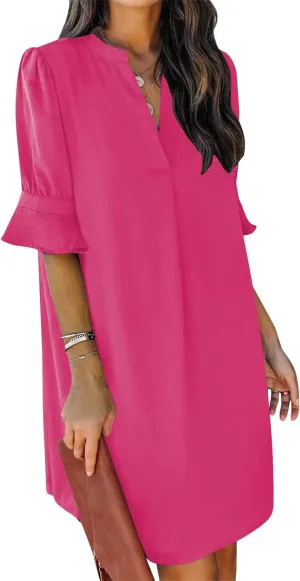 QACOHU Summer Dresses for Women V Neck Ruffle Short Sleeve Casual Shift Dress