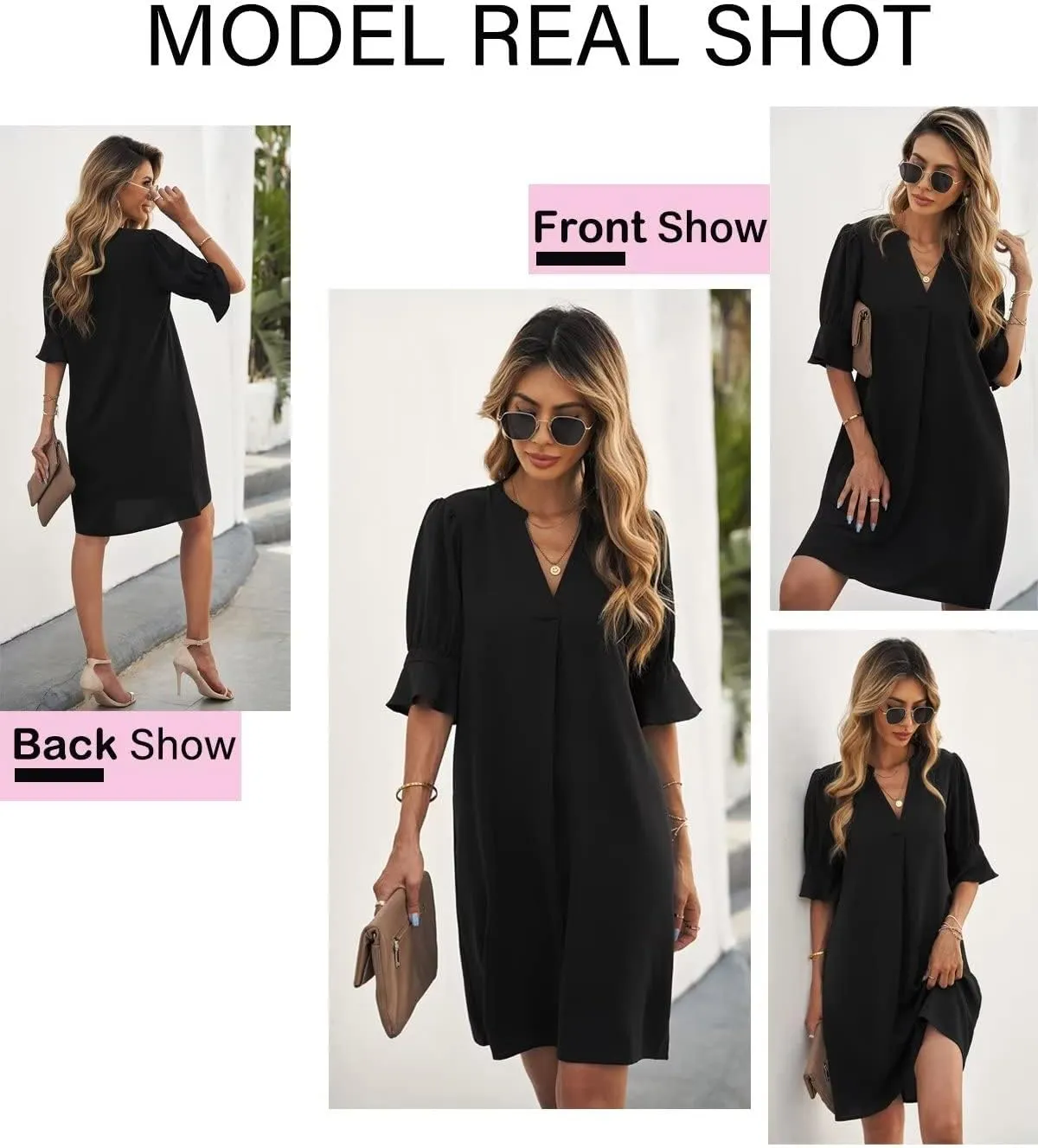 QACOHU Summer Dresses for Women V Neck Ruffle Short Sleeve Casual Shift Dress