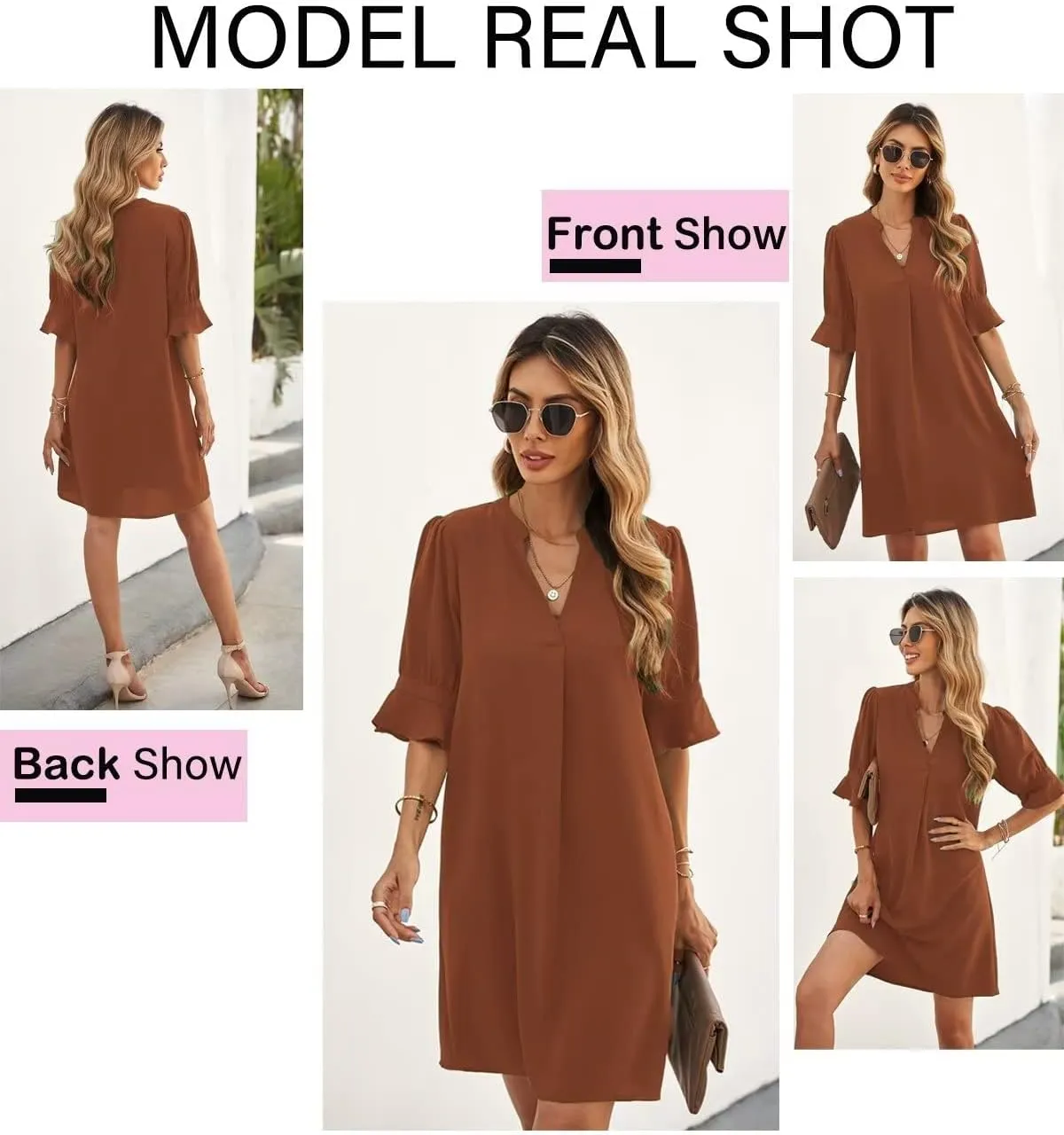 QACOHU Summer Dresses for Women V Neck Ruffle Short Sleeve Casual Shift Dress