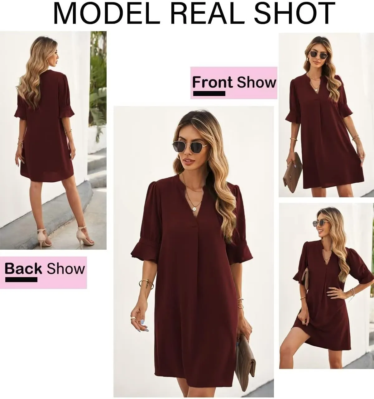 QACOHU Summer Dresses for Women V Neck Ruffle Short Sleeve Casual Shift Dress