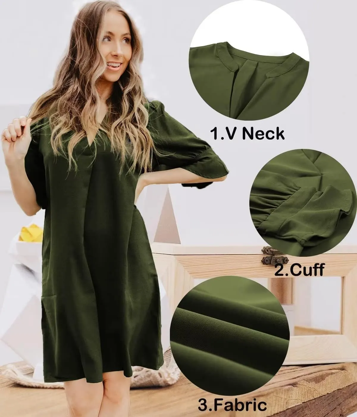 QACOHU Summer Dresses for Women V Neck Ruffle Short Sleeve Casual Shift Dress