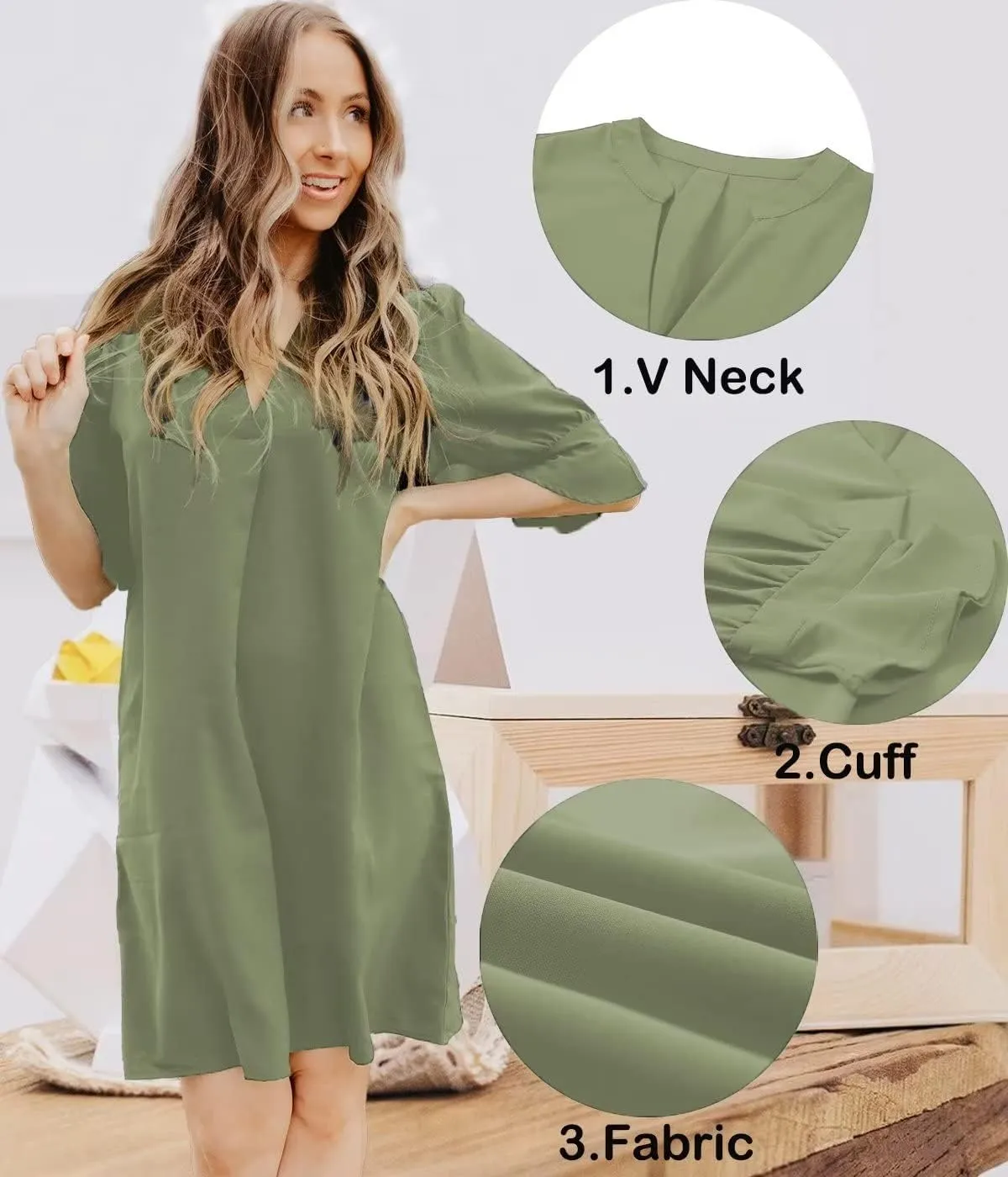 QACOHU Summer Dresses for Women V Neck Ruffle Short Sleeve Casual Shift Dress