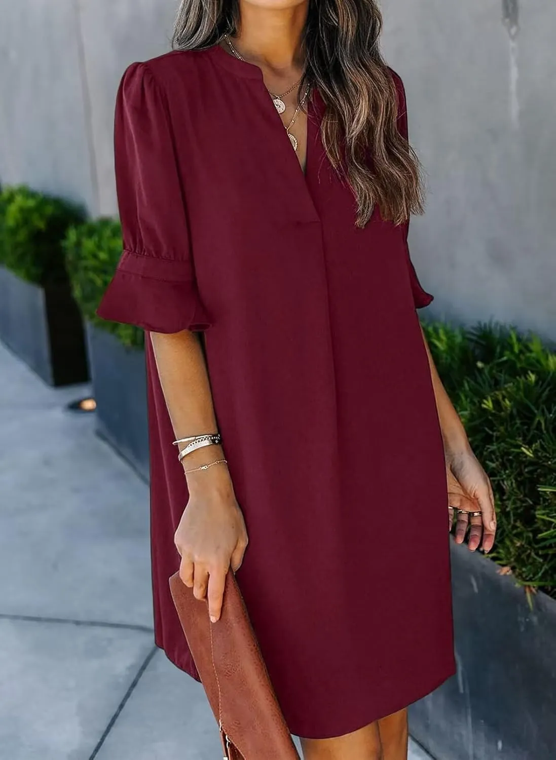 QACOHU Summer Dresses for Women V Neck Ruffle Short Sleeve Casual Shift Dress