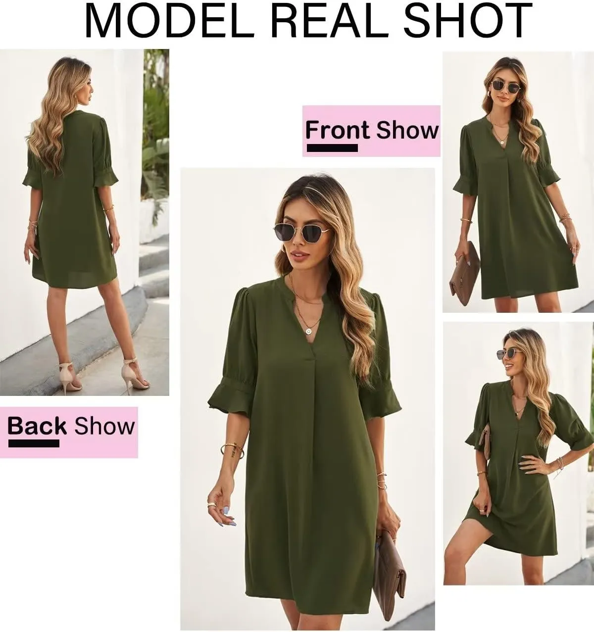 QACOHU Summer Dresses for Women V Neck Ruffle Short Sleeve Casual Shift Dress