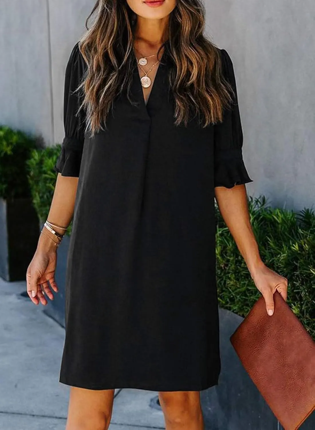 QACOHU Summer Dresses for Women V Neck Ruffle Short Sleeve Casual Shift Dress