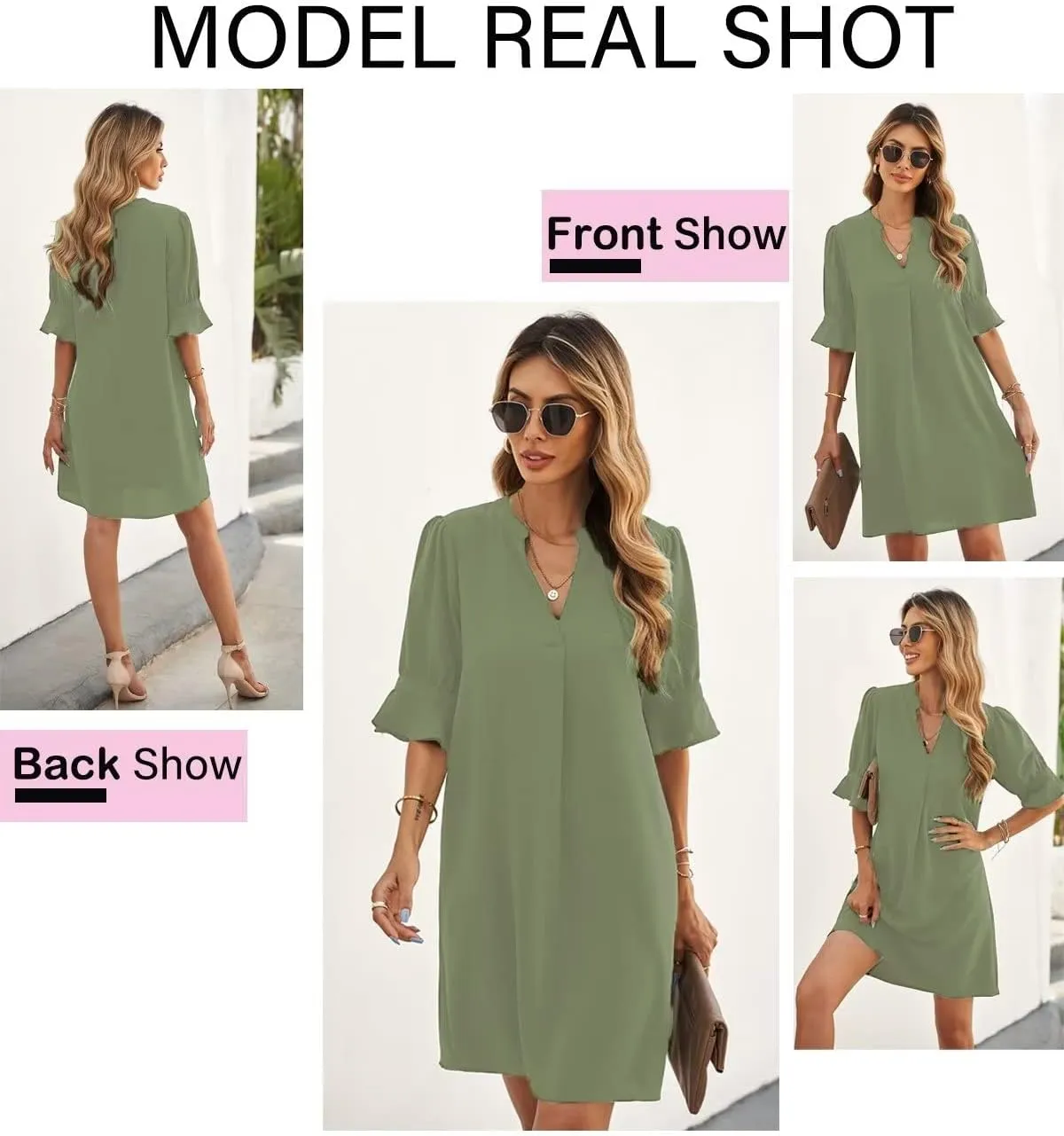 QACOHU Summer Dresses for Women V Neck Ruffle Short Sleeve Casual Shift Dress