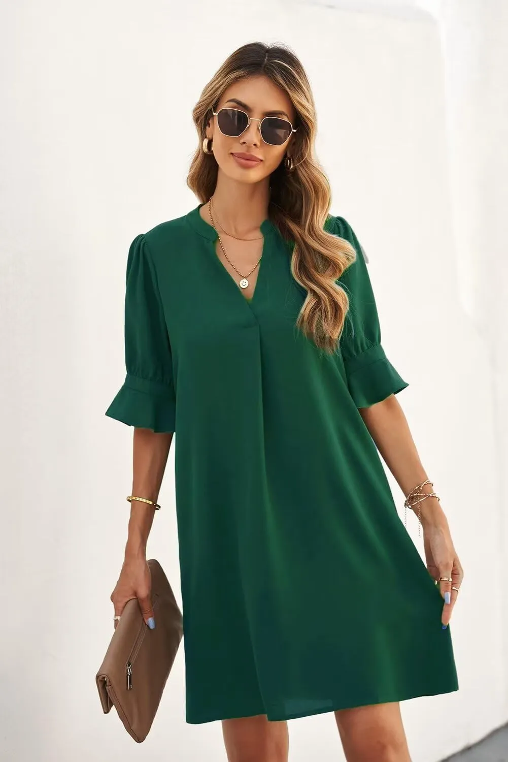 QACOHU Summer Dresses for Women V Neck Ruffle Short Sleeve Casual Shift Dress