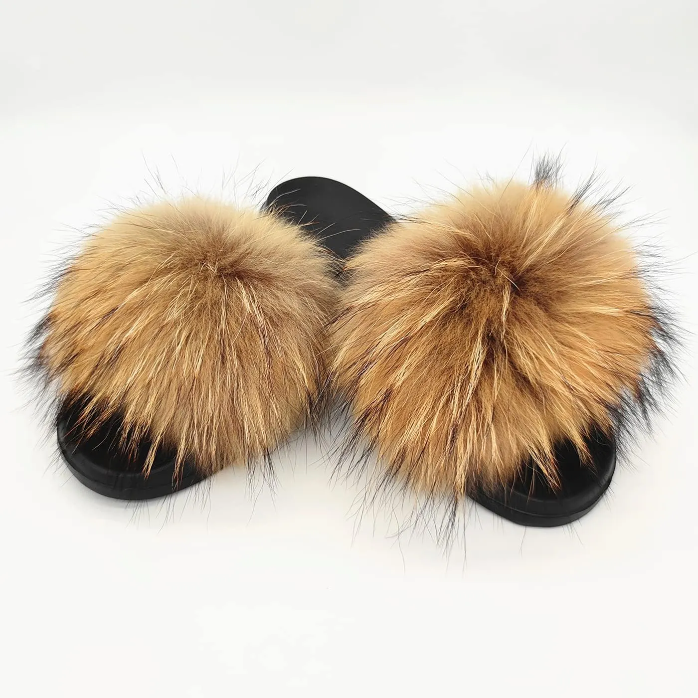 Real Fox Fur Slides for Women Open Toe Cute Furry Fur Slippers Indoor or Outdoor faux Fur Slide Sandals with Fluffy Fur and Soft Sole