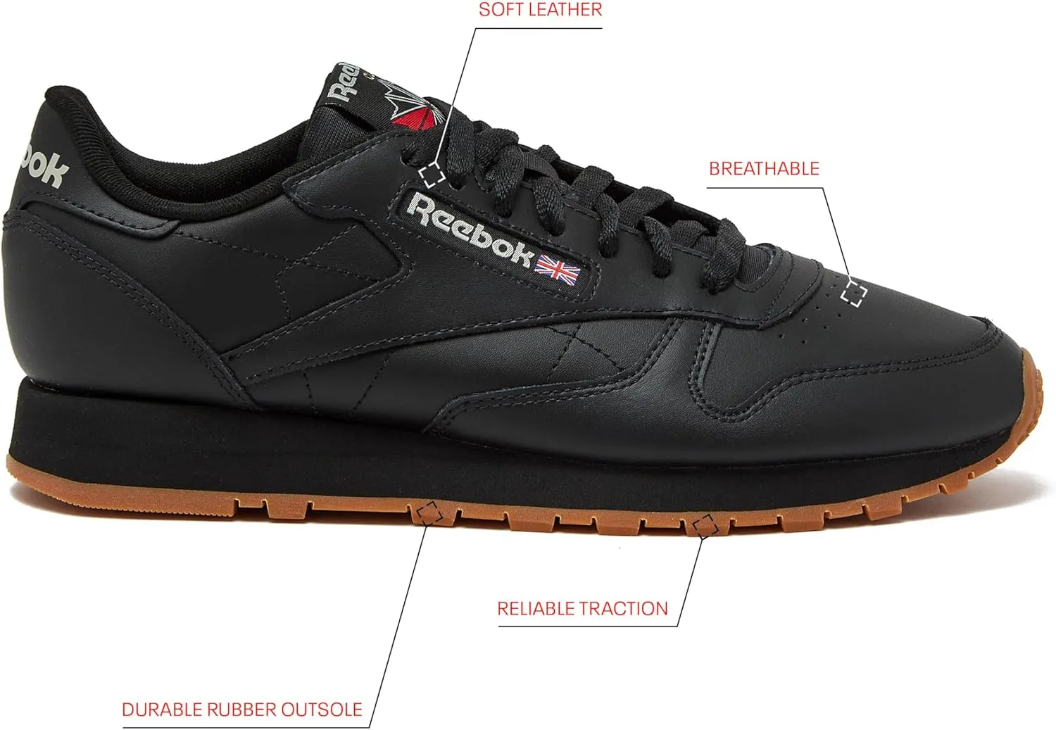 Reebok Men's Classic Leather Sneakers Black Or White Tennis Shoes