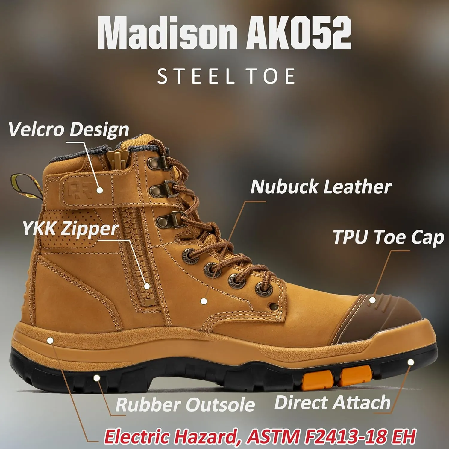 ROCKROOSTER Madison 6" Steel Toe Work Boots for Men with YKK Side Zipper Toe Cap Non-Slip Rubber Outsole, Comfortable Side Zip Lightweight Breathable Leather Shoes, Metal, ASTM F2413-18 M/I/C EH AK052