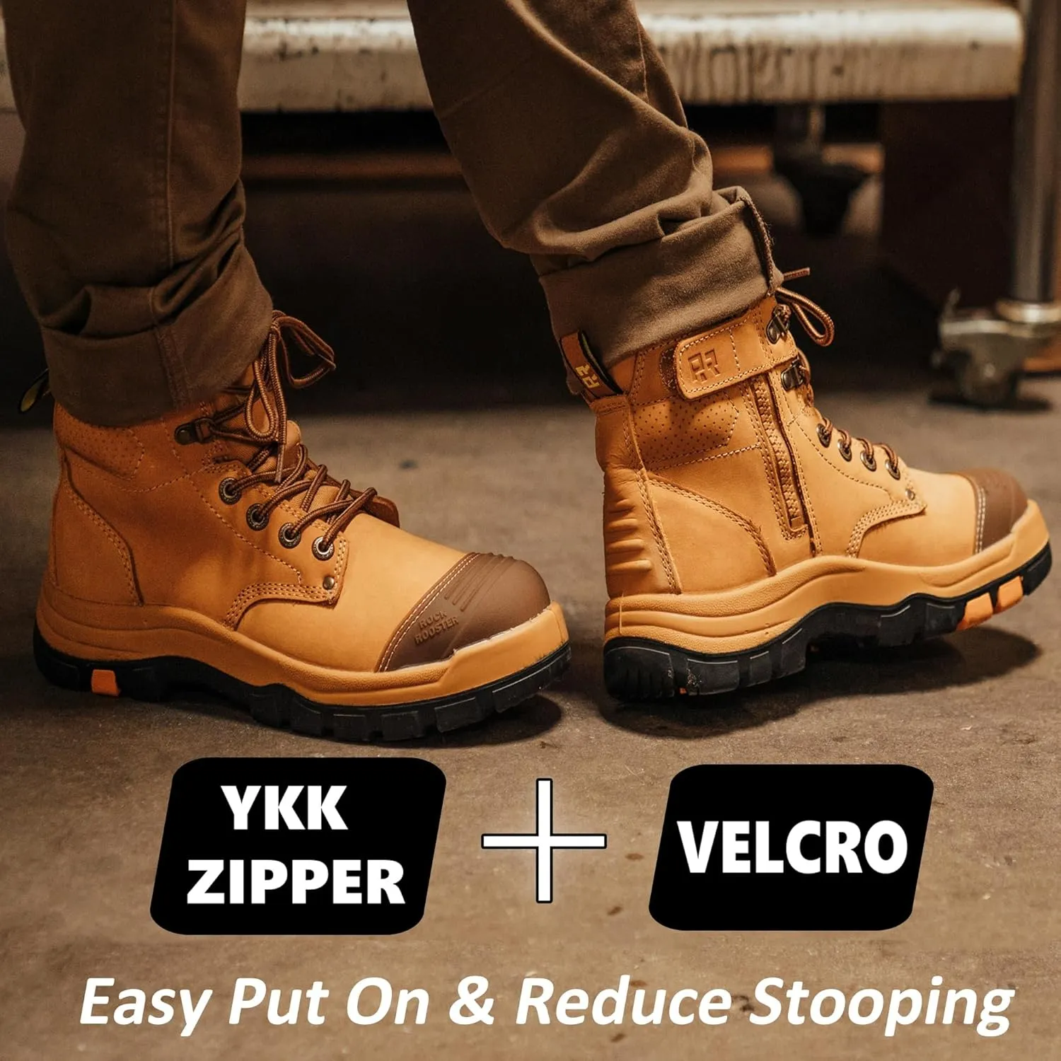 ROCKROOSTER Madison 6" Steel Toe Work Boots for Men with YKK Side Zipper Toe Cap Non-Slip Rubber Outsole, Comfortable Side Zip Lightweight Breathable Leather Shoes, Metal, ASTM F2413-18 M/I/C EH AK052