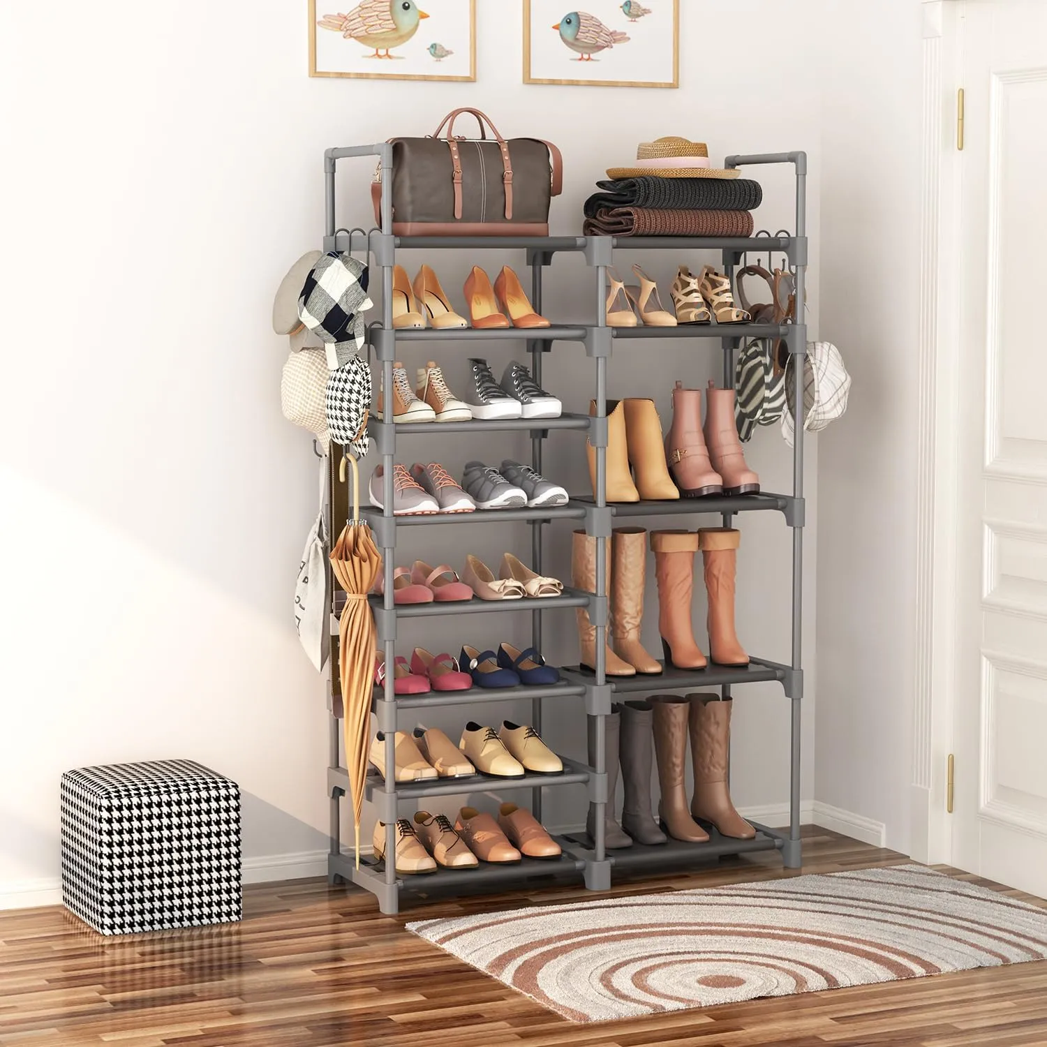 ROJASOP Shoe Rack, Shoe Storage Organizer for Closet Entryway Garage Bedroom, 8 Tier Tall Metal Shoe Shelf for 26-32 Pairs Boots & Shoes, Adjustable Shoe Stand for Small Space