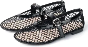 Samilor Mesh Ballet Flats for Women Buckle Strap Round Toe Mesh Flats Fishnet Flats with Strap Casual Ballerina Shoes
