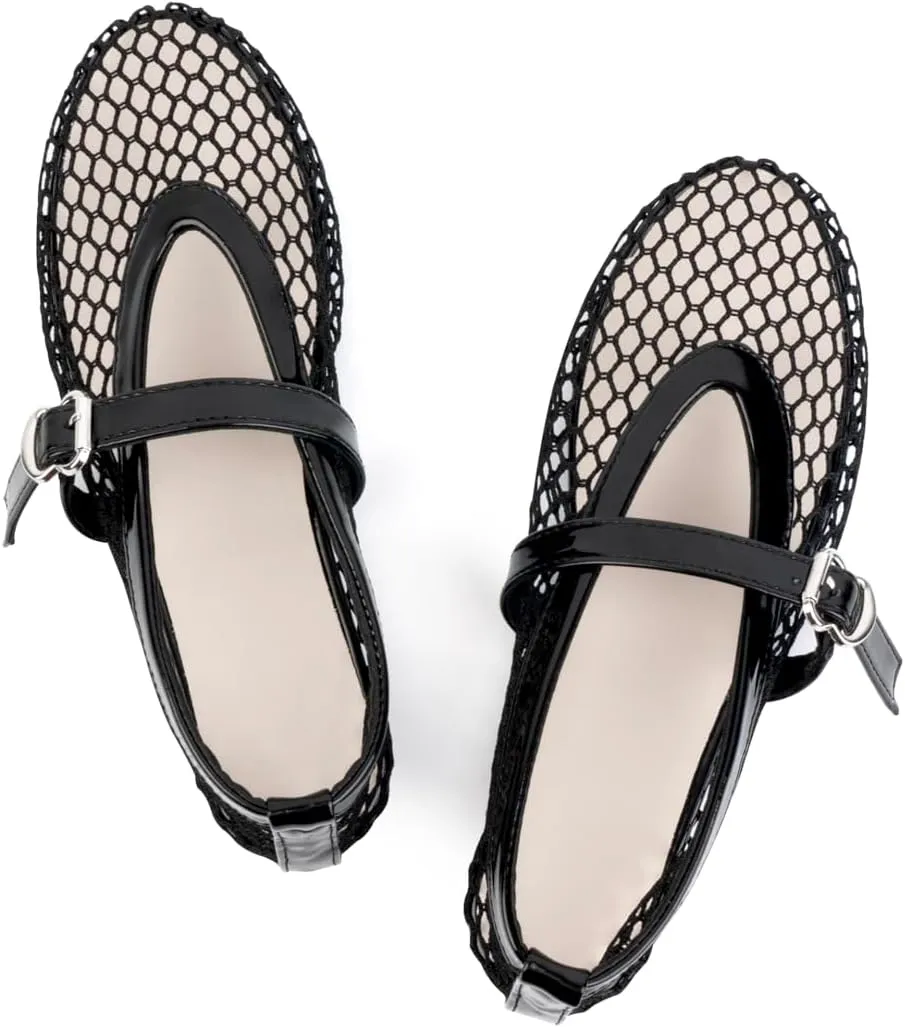 Samilor Mesh Ballet Flats for Women Buckle Strap Round Toe Mesh Flats Fishnet Flats with Strap Casual Ballerina Shoes