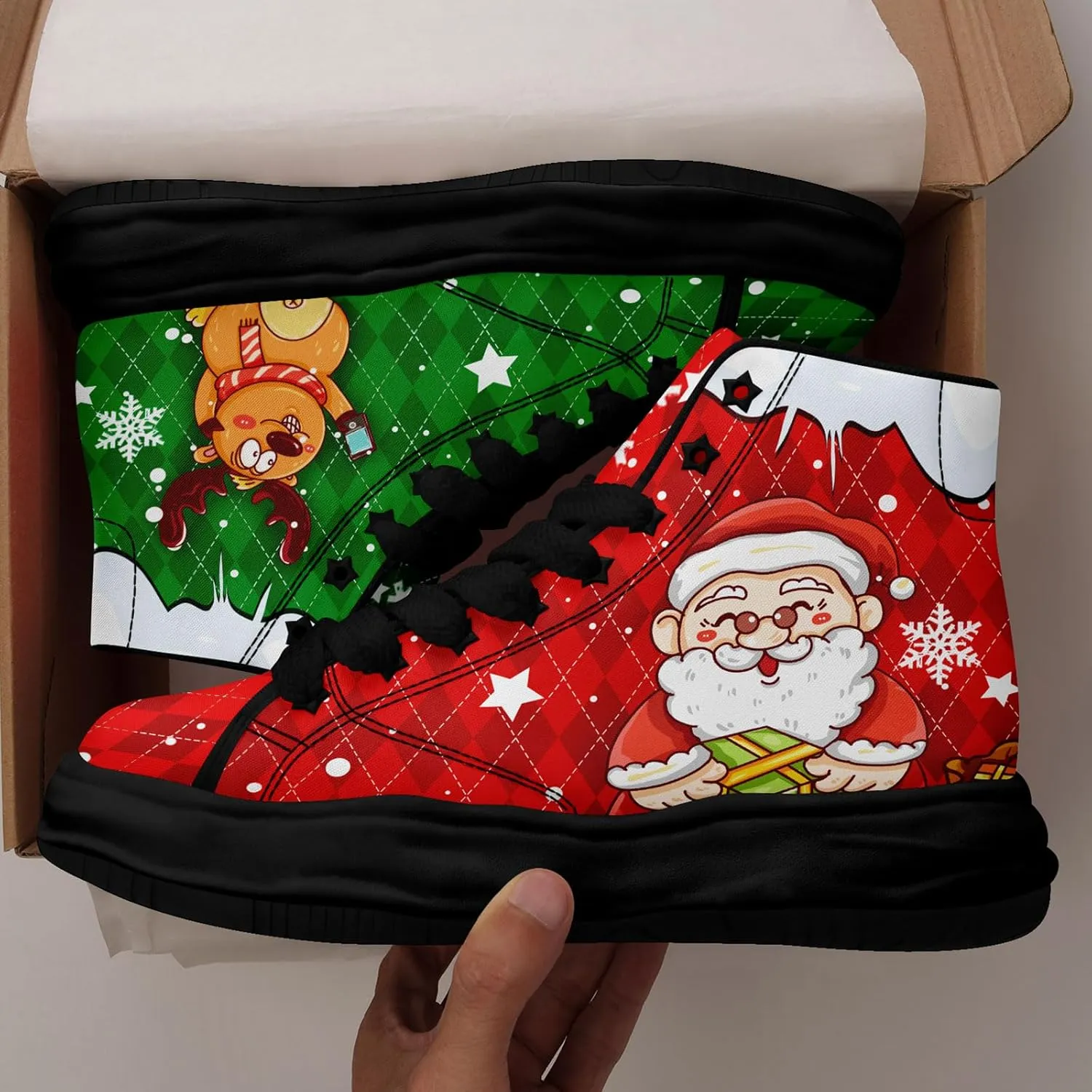 Santa-Themed High-Top Sneakers, Festive Footwear, Comfortable Lightweight Shoes for Men Women, Christmas Day