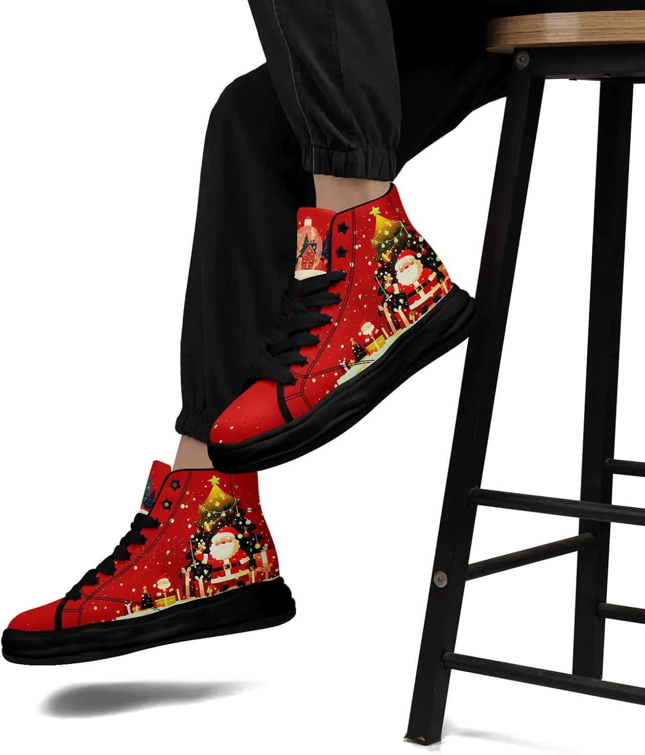 Santa-Themed High-Top Sneakers, Festive Footwear, Comfortable Lightweight Shoes for Men Women, Christmas Day