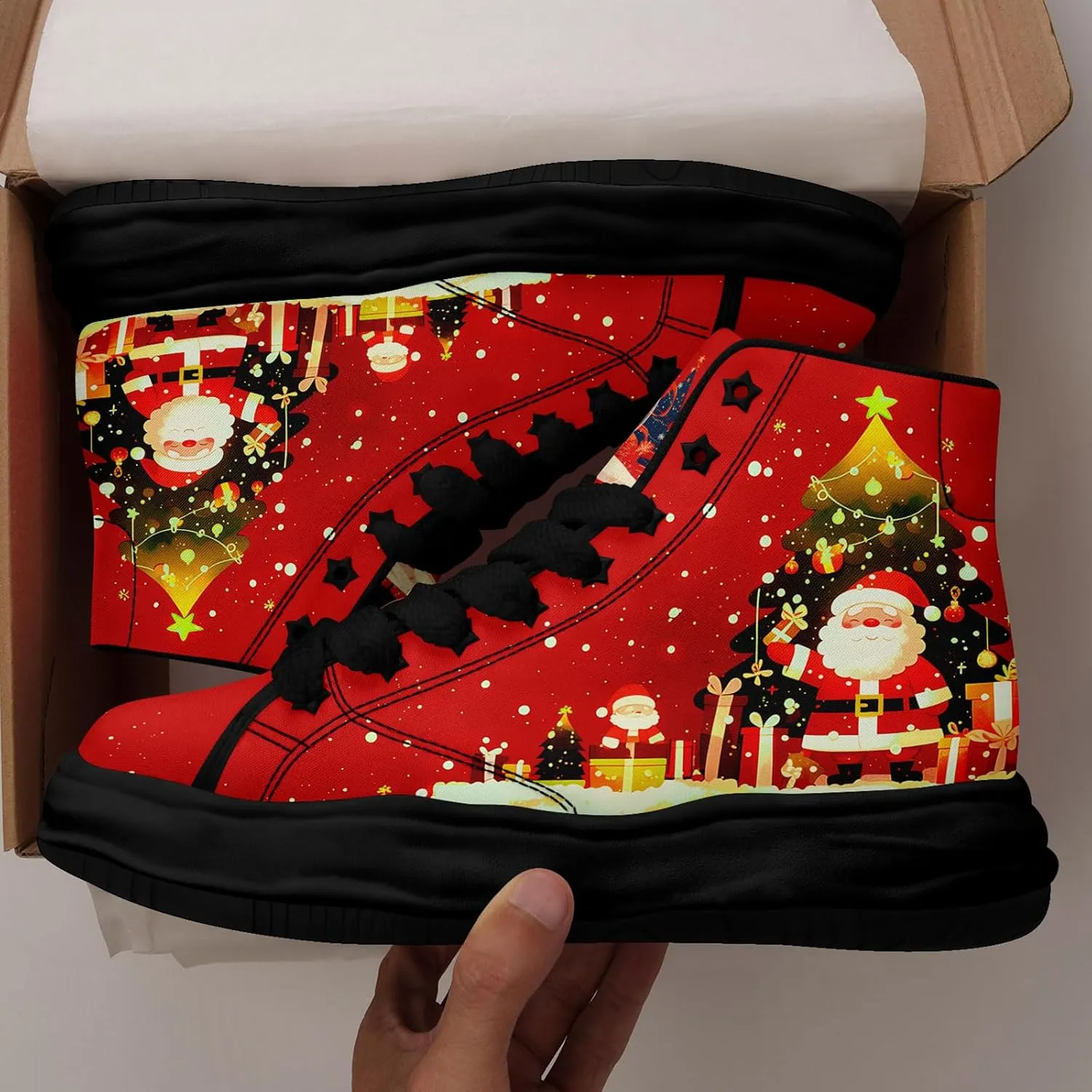 Santa-Themed High-Top Sneakers, Festive Footwear, Comfortable Lightweight Shoes for Men Women, Christmas Day