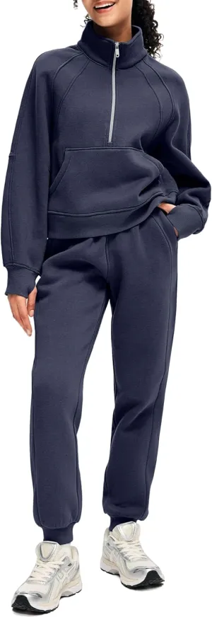 SANTINY Womens Sweatsuits 2 Piece Set Fleece Half Zip Sweatshirt Joggers Set Winter Warm Matching Sets Travel Lounge Set