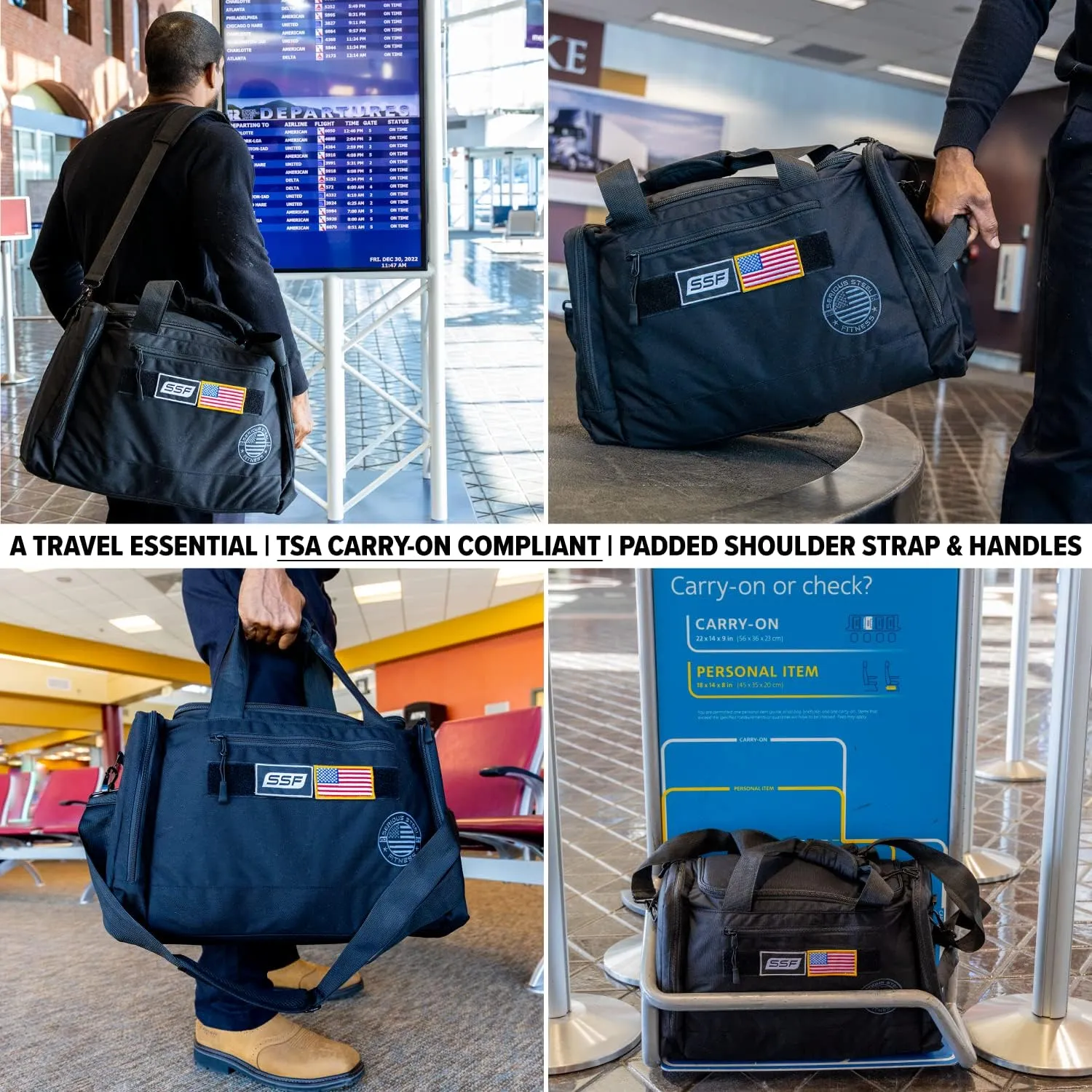 Serious Steel Fitness Gym Bag With Moveable & Removable Dividers Made from 1000D Nylon (Utility Duffel - Black)