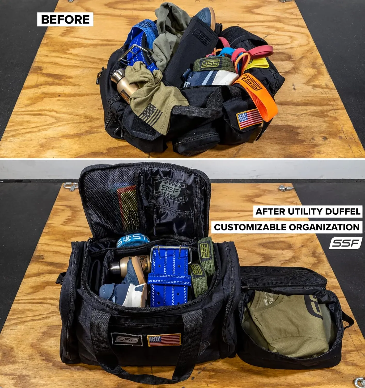 Serious Steel Fitness Gym Bag With Moveable & Removable Dividers Made from 1000D Nylon (Utility Duffel - Black)