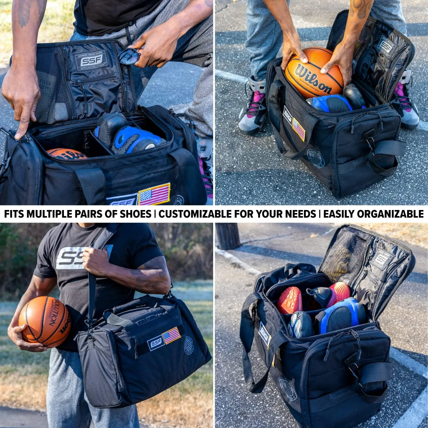 Serious Steel Fitness Gym Bag With Moveable & Removable Dividers Made from 1000D Nylon (Utility Duffel - Black)