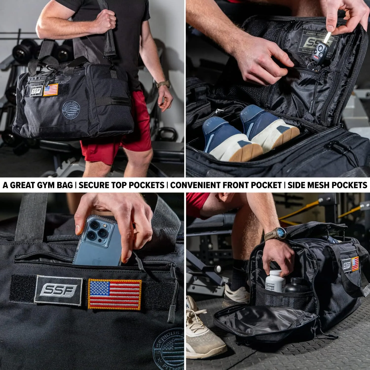 Serious Steel Fitness Gym Bag With Moveable & Removable Dividers Made from 1000D Nylon (Utility Duffel - Black)