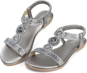 SHIBEVER Sandals Women Dressy Summer: Comfortable Rhinestones Bling Flats Ankle Strap Sandals