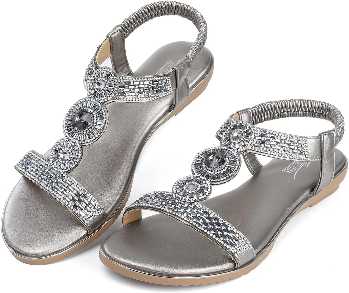 SHIBEVER Sandals Women Dressy Summer: Comfortable Rhinestones Bling Flats Ankle Strap Sandals