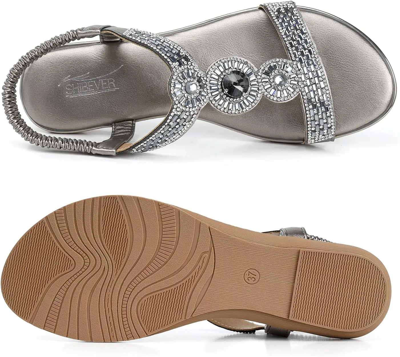 SHIBEVER Sandals Women Dressy Summer: Comfortable Rhinestones Bling Flats Ankle Strap Sandals