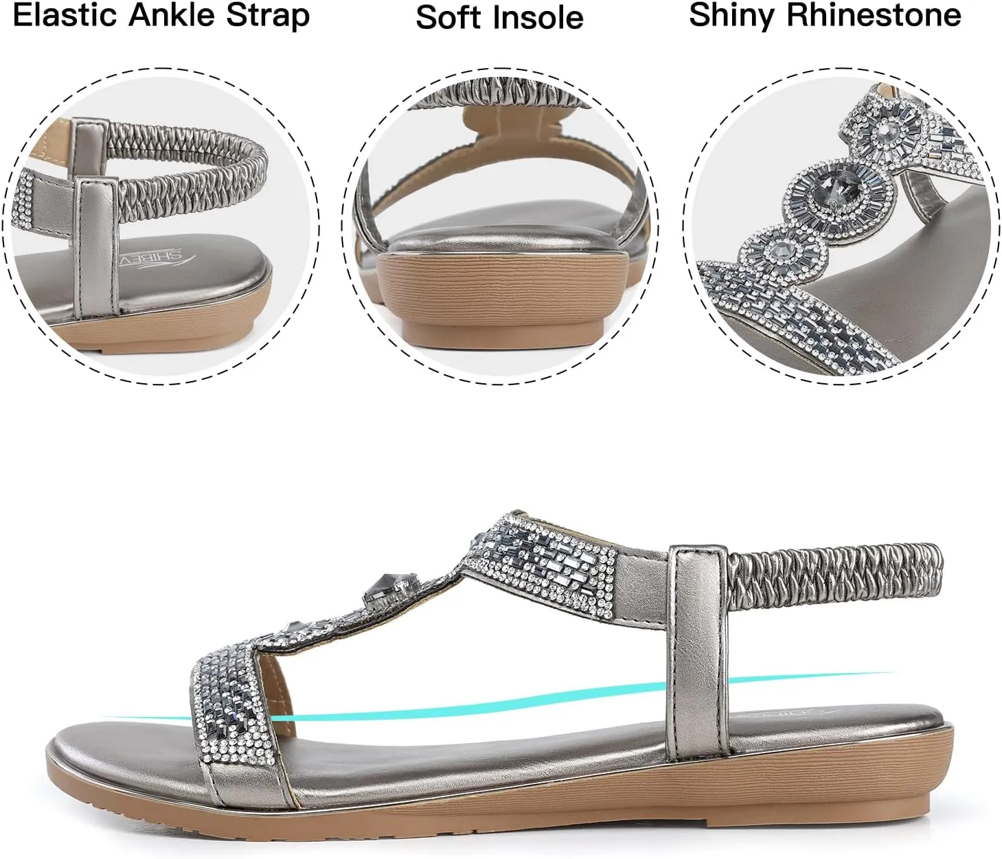 SHIBEVER Sandals Women Dressy Summer: Comfortable Rhinestones Bling Flats Ankle Strap Sandals