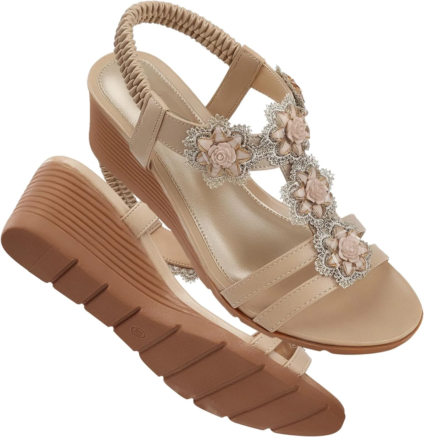 SHIBEVER Womens Sandals Wedge Flower: Open Toe Elastic Ankle Strap Wedge Sandal - Dressy Sandals Women - Comfortable Summer Bohemia